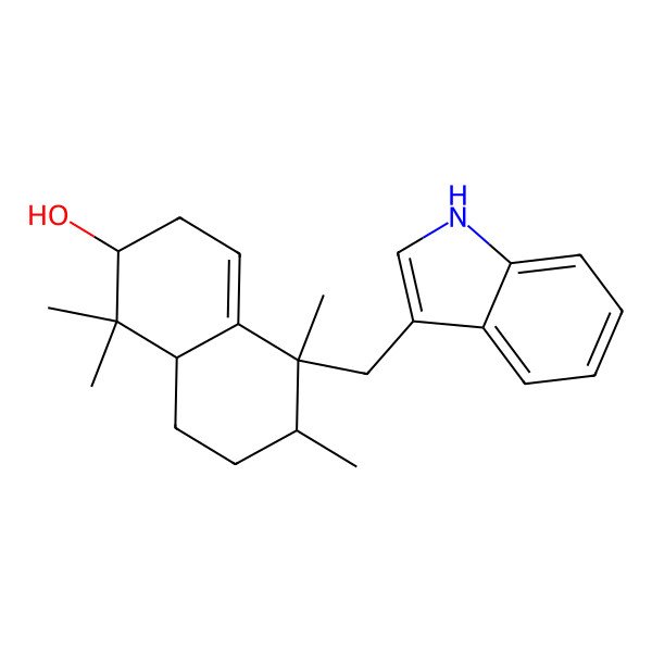 2D Structure of (2S,5R,6S,8aR)-5-(1H-indol-3-ylmethyl)-1,1,5,6-tetramethyl-2,3,6,7,8,8a-hexahydronaphthalen-2-ol