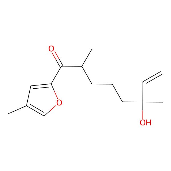 2D Structure of (2S,6S)-6-hydroxy-2,6-dimethyl-1-(4-methylfuran-2-yl)oct-7-en-1-one 2D Structure of (2S,6S)-6-hydroxy-2,6-dimethyl-1-(4-methylfuran-2-yl)oct-7-en-1-one
