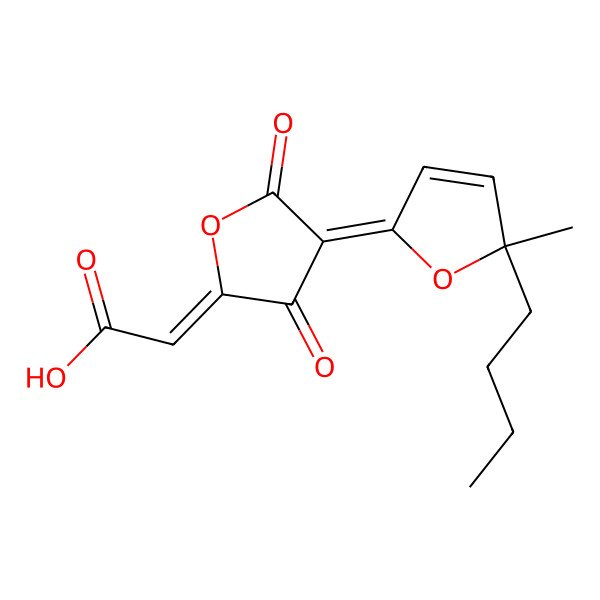 2D Structure of (2Z)-2-[(4Z)-4-[(5R)-5-butyl-5-methylfuran-2-ylidene]-3,5-dioxooxolan-2-ylidene]acetic acid