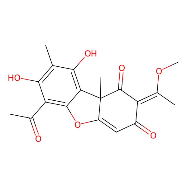 2D Structure of (2Z)-6-acetyl-7,9-dihydroxy-2-(1-methoxyethylidene)-8,9b-dimethyldibenzofuran-1,3-dione
