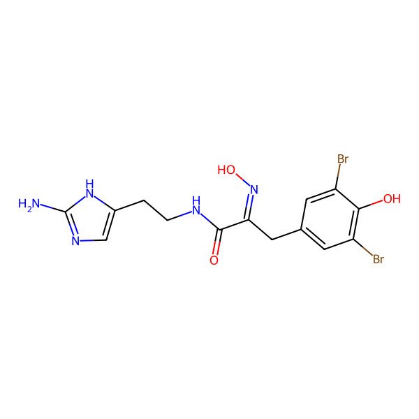 2D Structure of (2Z)-N-[2-(2-amino-1H-imidazol-5-yl)ethyl]-3-(3,5-dibromo-4-hydroxyphenyl)-2-hydroxyiminopropanamide