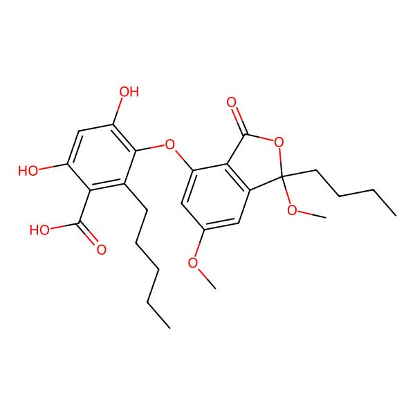 2D Structure of 3-(1-Butyl-1,6-dimethoxy-3-oxo-1,3-dihydroisobenzofuran-4-yloxy)-4,6-dihydroxy-2-pentylbenzoic acid