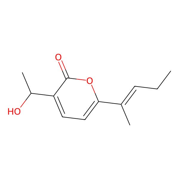 2D Structure of 3-(1-hydroxyethyl)-6-[(E)-pent-2-en-2-yl]pyran-2-one