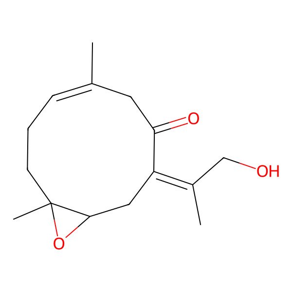 2D Structure of 3-(1-Hydroxypropan-2-ylidene)-6,10-dimethyl-11-oxabicyclo[8.1.0]undec-6-en-4-one