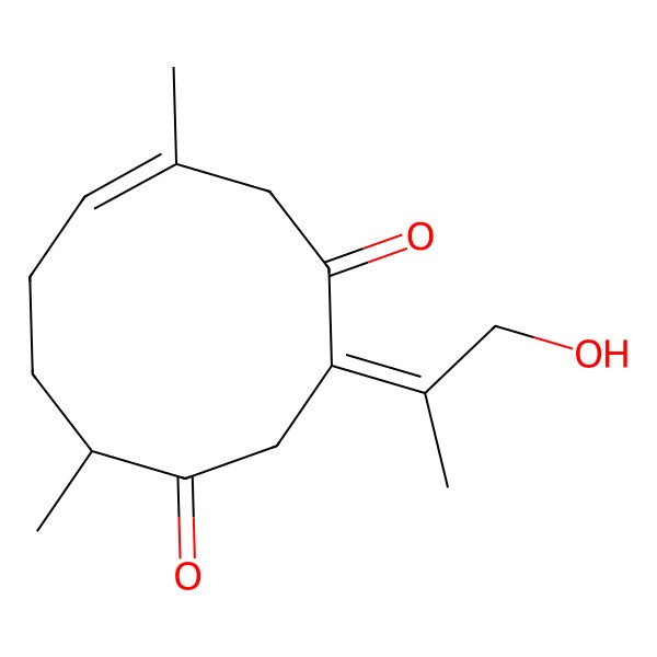 2D Structure of 3-(1-Hydroxypropan-2-ylidene)-6,10-dimethylcyclodec-6-ene-1,4-dione 2D Structure of 3-(1-Hydroxypropan-2-ylidene)-6,10-dimethylcyclodec-6-ene-1,4-dione
