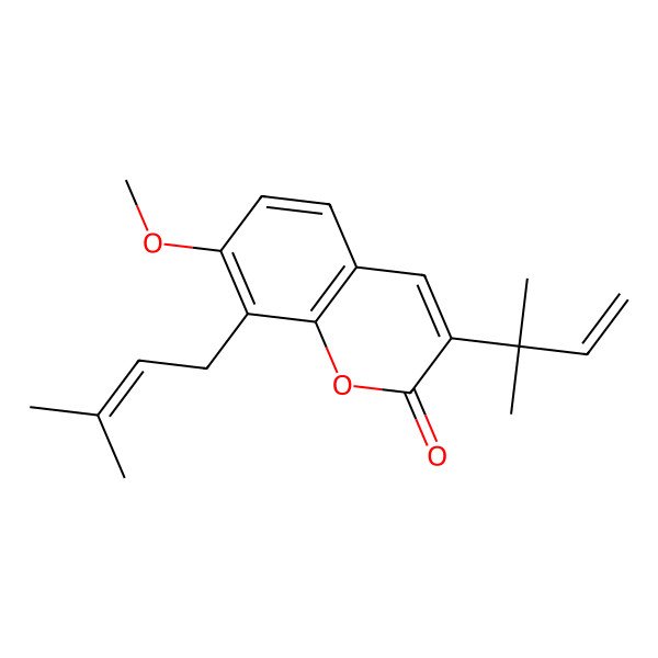 2D Structure of 3-(1',1'-Dimethylallyl)-8-(3',3'-dimethylallyl)-7-methoxycoumarin 2D Structure of 3-(1',1'-Dimethylallyl)-8-(3',3'-dimethylallyl)-7-methoxycoumarin