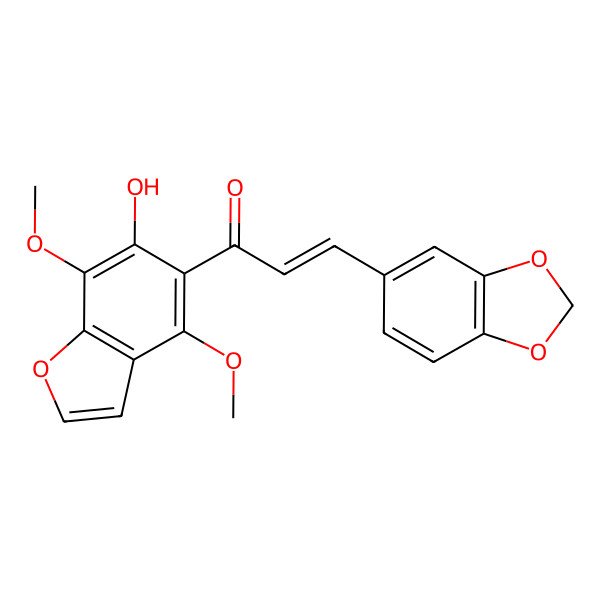 2D Structure of 3-(1,3-Benzodioxol-5-yl)-1-(6-hydroxy-4,7-dimethoxy-1-benzofuran-5-yl)prop-2-en-1-one
