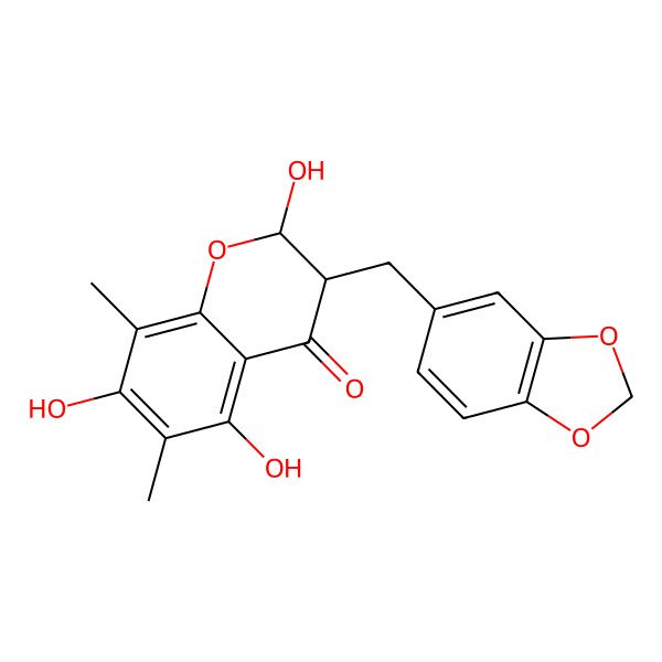 2D Structure of 3-(1,3-Benzodioxol-5-ylmethyl)-2,5,7-trihydroxy-6,8-dimethyl-2,3-dihydrochromen-4-one