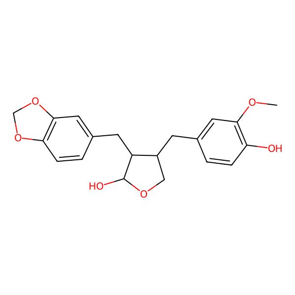 2D Structure of 3-(1,3-Benzodioxol-5-ylmethyl)-4-[(4-hydroxy-3-methoxyphenyl)methyl]oxolan-2-ol