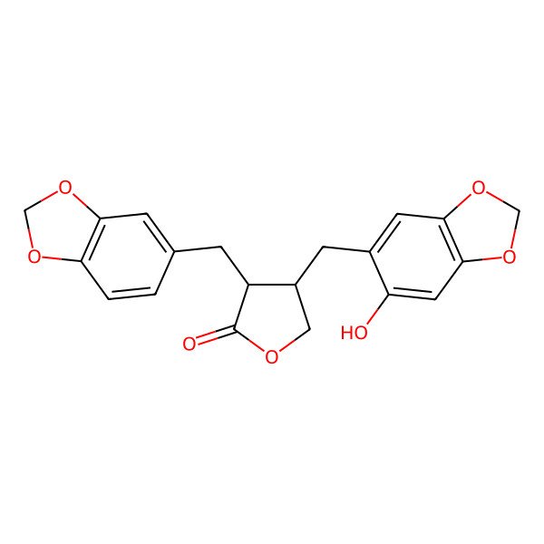 2D Structure of 3-(1,3-Benzodioxol-5-ylmethyl)-4-[(6-hydroxy-1,3-benzodioxol-5-yl)methyl]oxolan-2-one