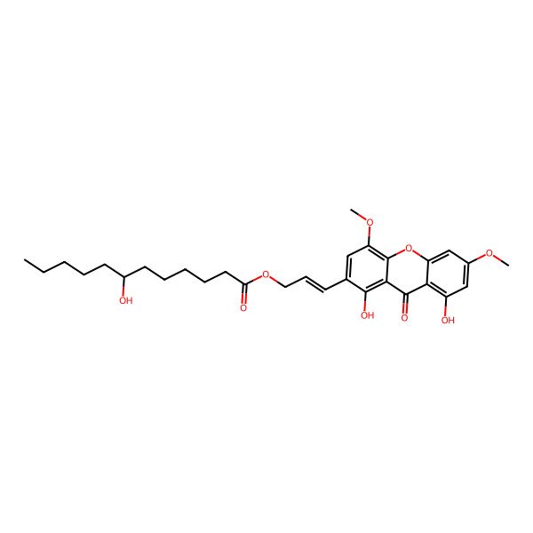2D Structure of 3-(1,8-Dihydroxy-4,6-dimethoxy-9-oxoxanthen-2-yl)prop-2-enyl 7-hydroxydodecanoate