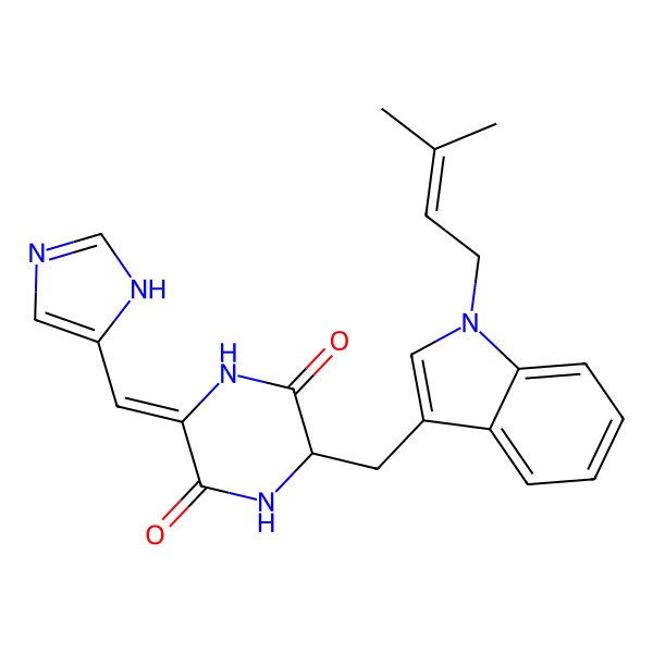 2D Structure of 3-(1H-imidazol-5-ylmethylidene)-6-[[1-(3-methylbut-2-enyl)indol-3-yl]methyl]piperazine-2,5-dione