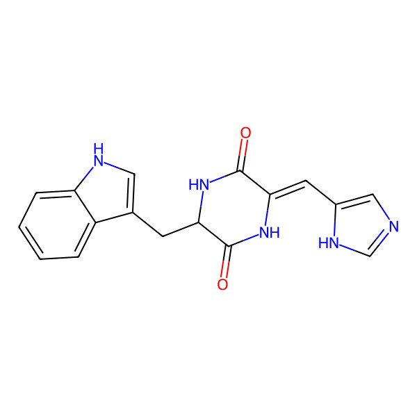 2D Structure of 3-(1H-imidazol-5-ylmethylidene)-6-(1H-indol-3-ylmethyl)piperazine-2,5-dione 2D Structure of 3-(1H-imidazol-5-ylmethylidene)-6-(1H-indol-3-ylmethyl)piperazine-2,5-dione