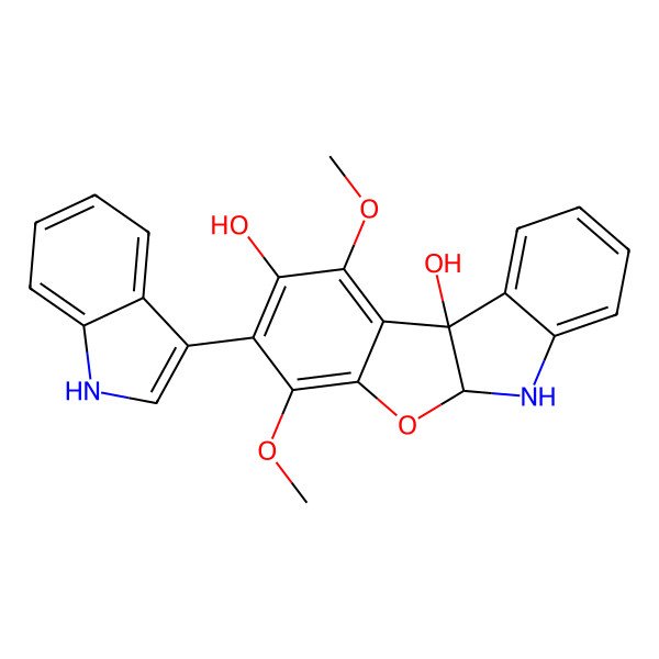 2D Structure of 3-(1H-indol-3-yl)-1,4-dimethoxy-5a,6-dihydro-[1]benzofuro[2,3-b]indole-2,10b-diol