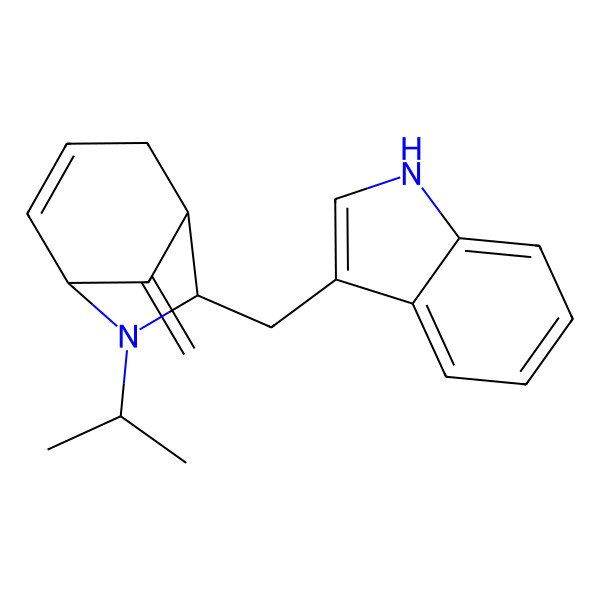 2D Structure of 3-[[(1R,5S,7S)-8-methylidene-6-propan-2-yl-6-azabicyclo[3.2.1]oct-3-en-7-yl]methyl]-1H-indole