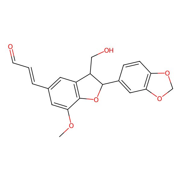 2D Structure of 3-[2-(1,3-Benzodioxol-5-yl)-3-(hydroxymethyl)-7-methoxy-2,3-dihydro-1-benzofuran-5-yl]prop-2-enal