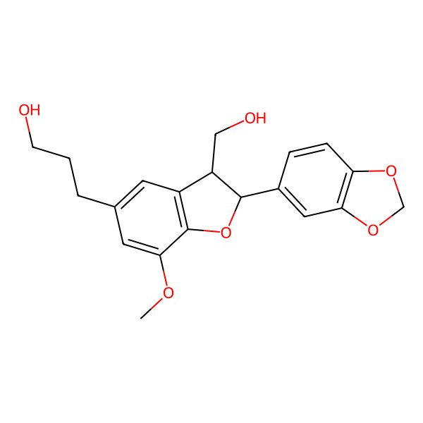 2D Structure of 3-[2-(1,3-Benzodioxol-5-yl)-3-(hydroxymethyl)-7-methoxy-2,3-dihydro-1-benzofuran-5-yl]propan-1-ol