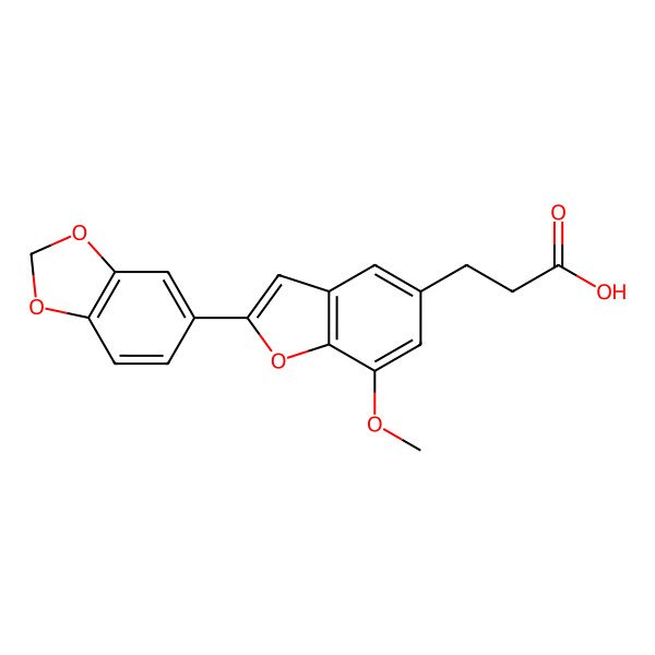 2D Structure of 3-[2-(1,3-Benzodioxol-5-yl)-7-methoxy-benzofuran-5-yl]propanoic acid