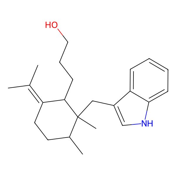 2D Structure of 3-[2-(1H-indol-3-ylmethyl)-2,3-dimethyl-6-propan-2-ylidenecyclohexyl]propan-1-ol