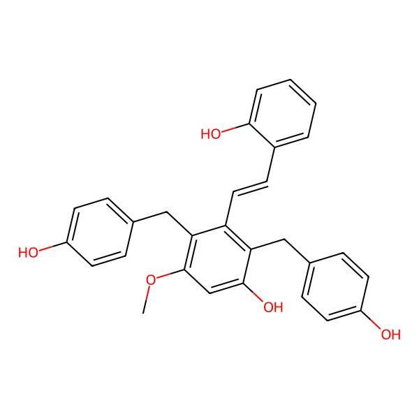 2D Structure of 3-[2-(2-Hydroxyphenyl)ethenyl]-2,4-bis[(4-hydroxyphenyl)methyl]-5-methoxyphenol