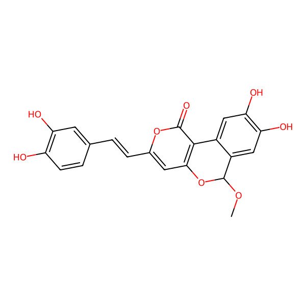 2D Structure of 3-[2-(3,4-dihydroxyphenyl)ethenyl]-8,9-dihydroxy-6-methoxy-6H-pyrano[4,3-c]isochromen-1-one