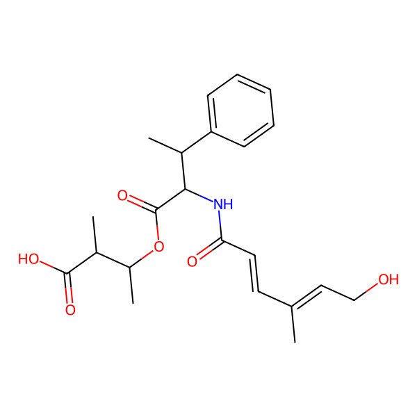 2D Structure of 3-[2-[(6-Hydroxy-4-methylhexa-2,4-dienoyl)amino]-3-phenylbutanoyl]oxy-2-methylbutanoic acid