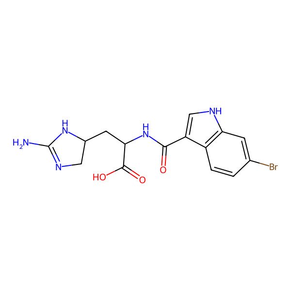 2D Structure of 3-(2-amino-4,5-dihydro-1H-imidazol-5-yl)-2-[(6-bromo-1H-indole-3-carbonyl)amino]propanoic acid