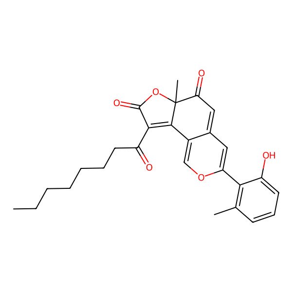 2D Structure of 3-(2-Hydroxy-6-methylphenyl)-6a-methyl-9-octanoylfuro[2,3-h]isochromene-6,8-dione