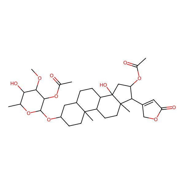 2D Structure of 3-[(2-O-Acetyl-6-deoxy-3-O-methylhexopyranosyl)oxy]-16-(acetyloxy)-14-hydroxycard-20(22)-enolide