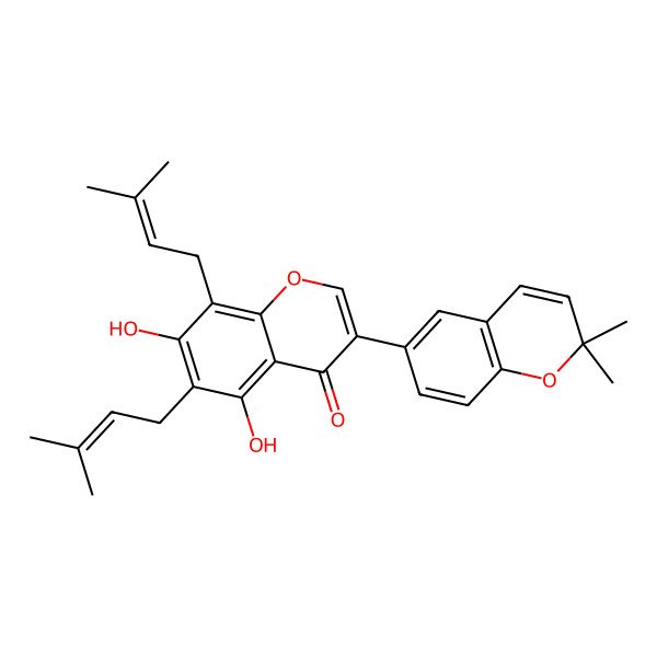 2D Structure of 3-(2,2-Dimethylchromen-6-yl)-5,7-dihydroxy-6,8-bis(3-methylbut-2-enyl)chromen-4-one