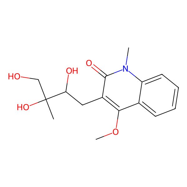 2D Structure of 3-(2',3'-dihydroxy-3'-hydroxymethylbutyl)-4-methoxy-N-methylquinolin-2-one 2D Structure of 3-(2',3'-dihydroxy-3'-hydroxymethylbutyl)-4-methoxy-N-methylquinolin-2-one