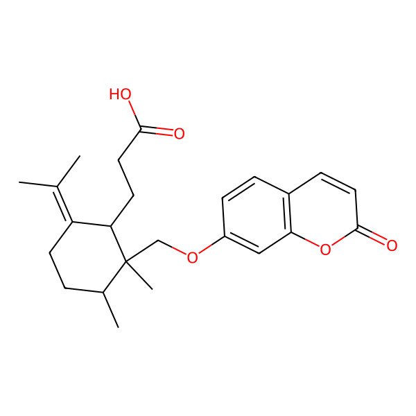 2D Structure of 3-(2,3-dimethyl-2-{[(2-oxo-2H-chromen-7-yl)oxy]methyl}-6-(propan-2-ylidene)cyclohexyl)propanoic acid
