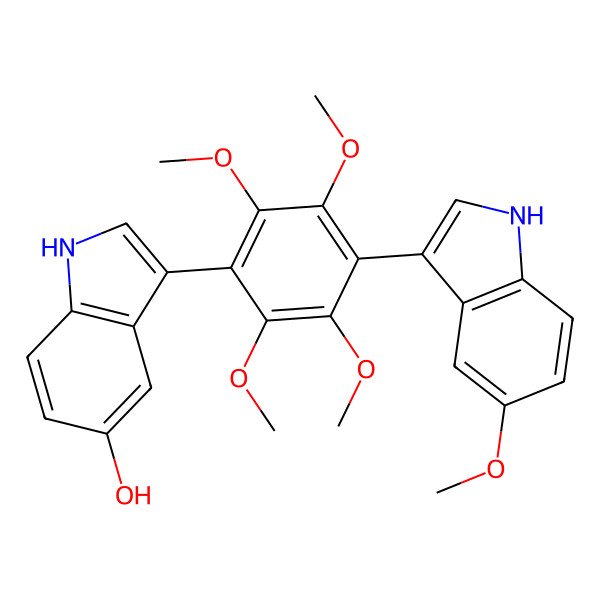2D Structure of 3-[2,3,5,6-tetramethoxy-4-(5-methoxy-1H-indol-3-yl)phenyl]-1H-indol-5-ol