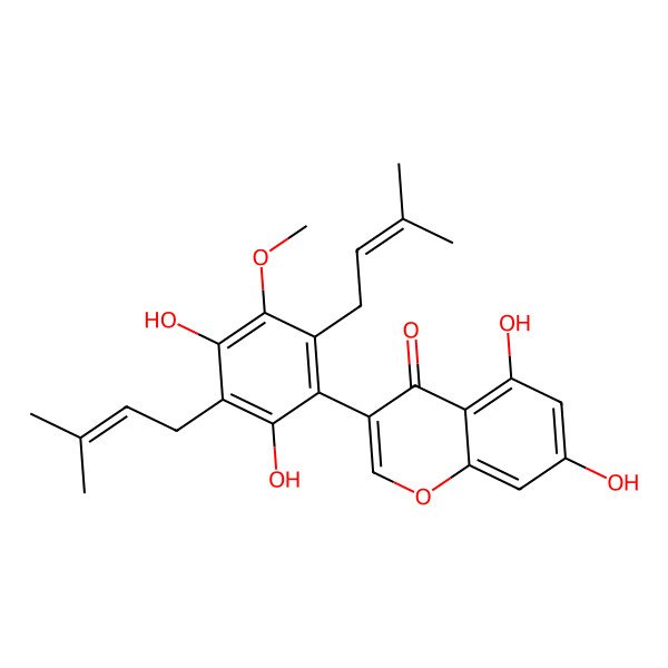 2D Structure of 3-[2,4-Dihydroxy-5-methoxy-3,6-bis(3-methylbut-2-enyl)phenyl]-5,7-dihydroxychromen-4-one