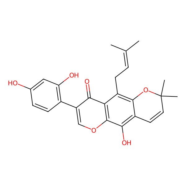 2D Structure of 3-(2,4-Dihydroxyphenyl)-10-hydroxy-7,7-dimethyl-5-(3-methylbut-2-enyl)pyrano[2,3-g]chromen-4-one