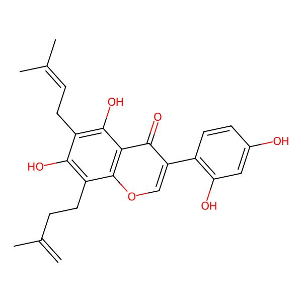 2D Structure of 3-(2,4-Dihydroxyphenyl)-5,7-dihydroxy-6-(3-methylbut-2-enyl)-8-(3-methylbut-3-enyl)chromen-4-one