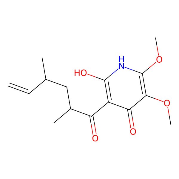 2D Structure of 3-(2,4-dimethylhex-5-enoyl)-2-hydroxy-5,6-dimethoxy-1H-pyridin-4-one