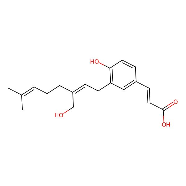 2D Structure of (E)-3-[4-hydroxy-3-[(2Z)-3-(hydroxymethyl)-7-methylocta-2,6-dienyl]phenyl]prop-2-enoic acid