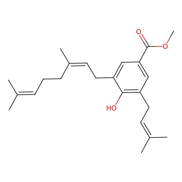 2D Structure of 3-[(2E)-3,7-Dimethyl-2,6-octadienyl]-4-hydroxy-5-(3-methyl-2-butenyl)benzoic acid methyl ester