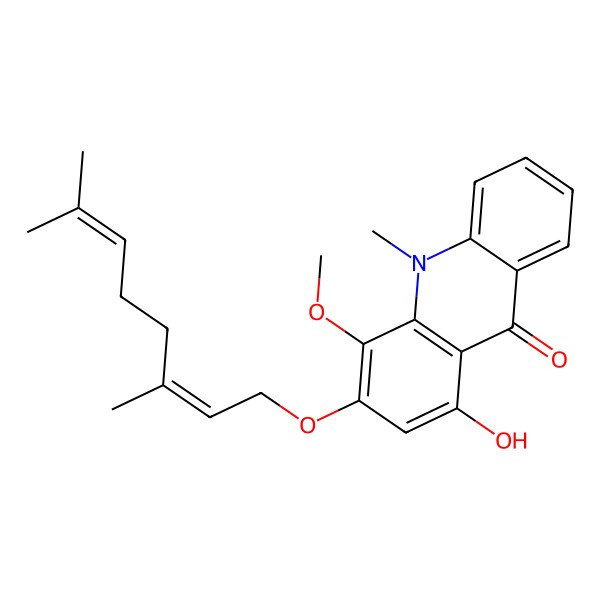 2D Structure of 3-((2E)-3,7-Dimethylocta-2,6-dienoxy)-1-hydroxy-4-methoxy-10-methylacridin-9-one 2D Structure of 3-((2E)-3,7-Dimethylocta-2,6-dienoxy)-1-hydroxy-4-methoxy-10-methylacridin-9-one