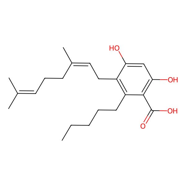 2D Structure of 3-[(2E)-3,7-dimethylocta-2,6-dienyl]-4,6-dihydroxy-2-pentylbenzoic acid