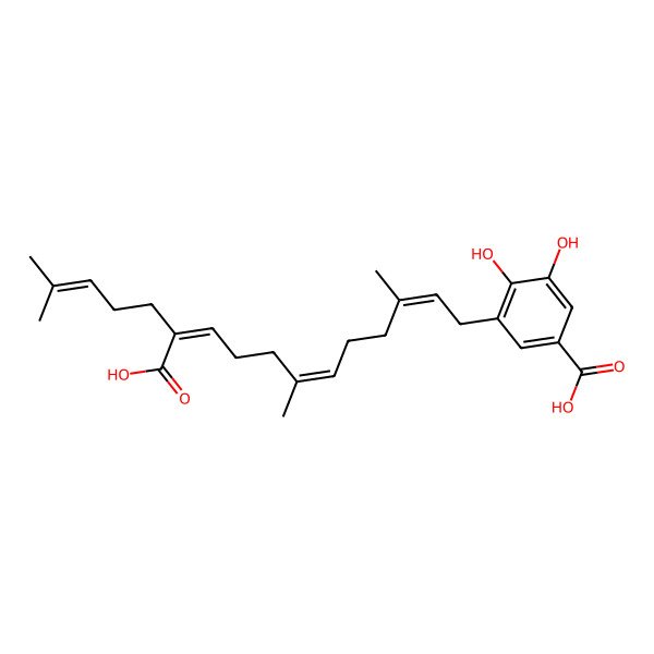 2D Structure of 3-[(2E,6E,10E)-11-carboxy-3,7,15-trimethylhexadeca-2,6,10,14-tetraenyl]-4,5-dihydroxybenzoic acid