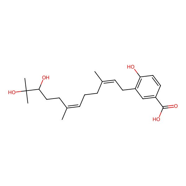 2D Structure of 3-[(2E,6E,10R)-10,11-dihydroxy-3,7,11-trimethyldodeca-2,6-dienyl]-4-hydroxybenzoic acid