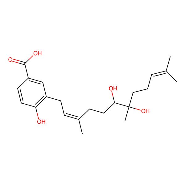 2D Structure of 3-[(2E,6R,7R)-6,7-dihydroxy-3,7,11-trimethyldodeca-2,10-dienyl]-4-hydroxybenzoic acid