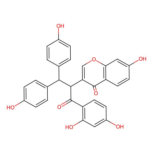 2D Structure of 3-[(2R)-1-(2,4-dihydroxyphenyl)-3,3-bis(4-hydroxyphenyl)-1-oxopropan-2-yl]-7-hydroxychromen-4-one
