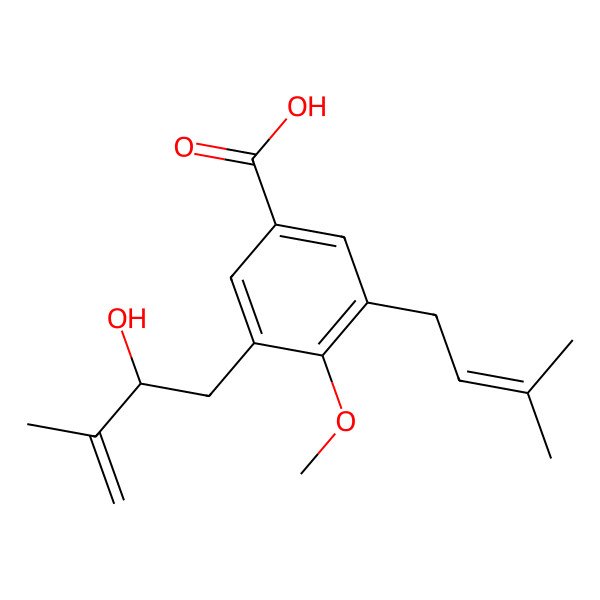 2D Structure of 3-[(2R)-2-hydroxy-3-methylbut-3-enyl]-4-methoxy-5-(3-methylbut-2-enyl)benzoic acid