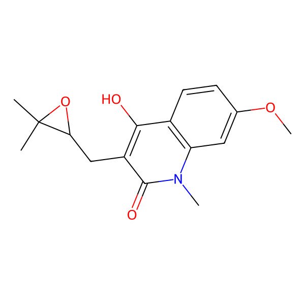 2D Structure of 3-[[(2R)-3,3-dimethyloxiran-2-yl]methyl]-4-hydroxy-7-methoxy-1-methylquinolin-2-one