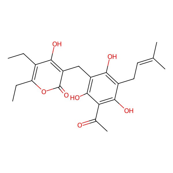 2D Structure of 3-[[3-Acetyl-2,4,6-trihydroxy-5-(3-methylbut-2-enyl)phenyl]methyl]-5,6-diethyl-4-hydroxypyran-2-one