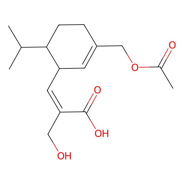 2D Structure of 3-[3-(Acetyloxymethyl)-6-propan-2-ylcyclohex-2-en-1-yl]-2-(hydroxymethyl)prop-2-enoic acid