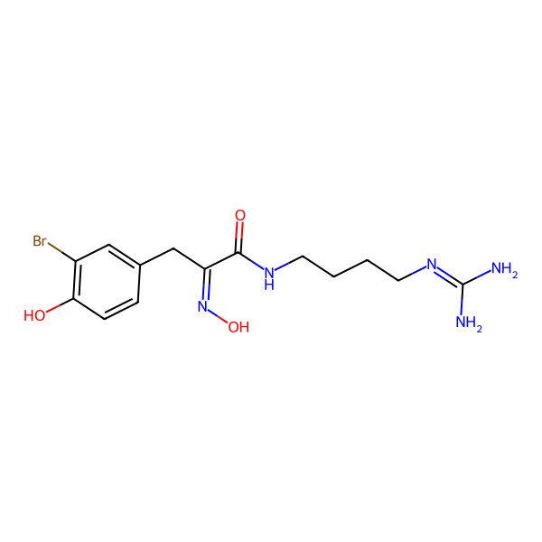 2D Structure of 3-(3-bromo-4-hydroxyphenyl)-N-[4-(diaminomethylideneamino)butyl]-2-hydroxyiminopropanamide